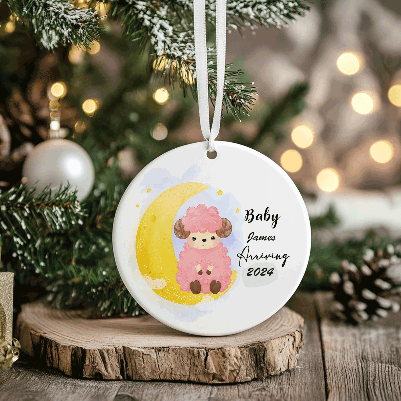 Baby Arriving Christmas | Adorable Sheep and Moon Design for Expecting Parents | Ceramic Ornament